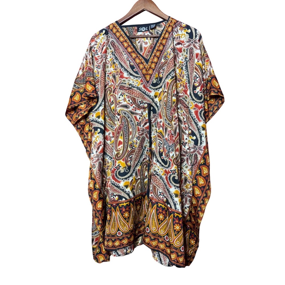 Sol Women Free Size Paisley Red Kaftan Poncho Top MultiColor V-Neck Boho Coverup
